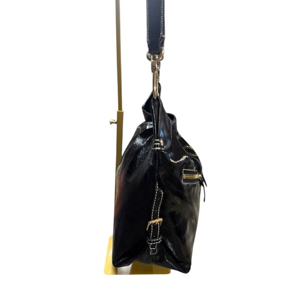 Dooney & Bourke Black Patent Leather Hobo Bag – Zip Pocket Slouch Style - Picture 4 of 16